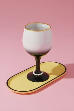 The glass is on the plate against pink background
