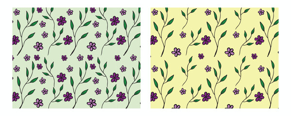 Two seamless botanical patterns  with hand drawn leaves and flowers
