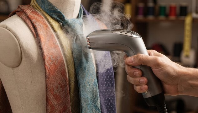 Closeup of a handheld steamer smoothing wrinkles on neckties hung on forms emphasizing manual craftsmanship and delicate fabric care.