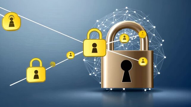 Shows different aspects of digital security, focusing on locks and data connections in a network setting