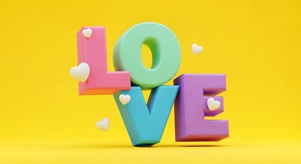 Colorful 3d love text on yellow background