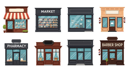 Set of eight diverse storefront facades representing businesses like a bakery, market, pharmacy, and barber shop.