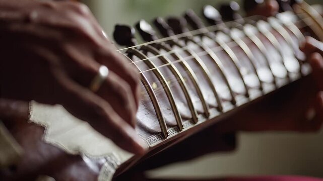 Indian Musician Plays Traditional Sitar Instrument Hands Closeup