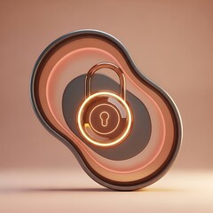 3D rendered glowing orange lock on abstract shape  security concept