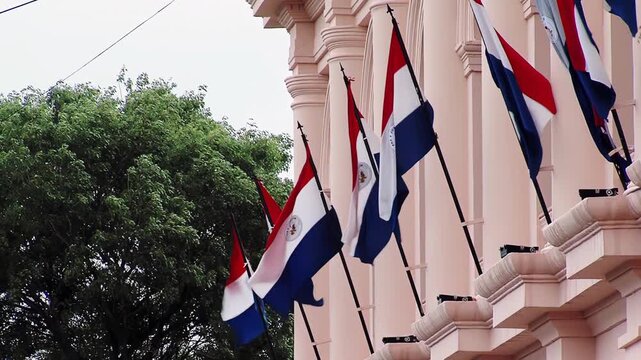 Paraguayan Flags Waving at the Former Cabildo, Asuncion, Paraguay - 4K