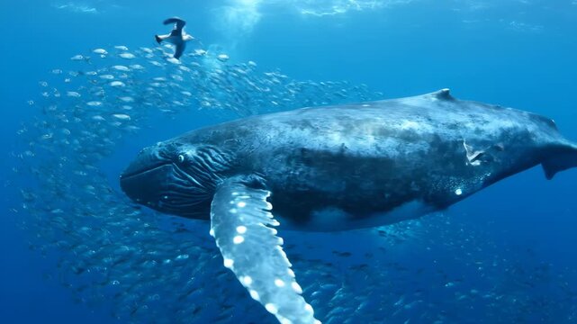 Humpback Whale Swimming Underwater with Fish.
