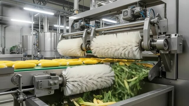 Machine removes dirt from corn and green beans on a production line inside a food processing plant