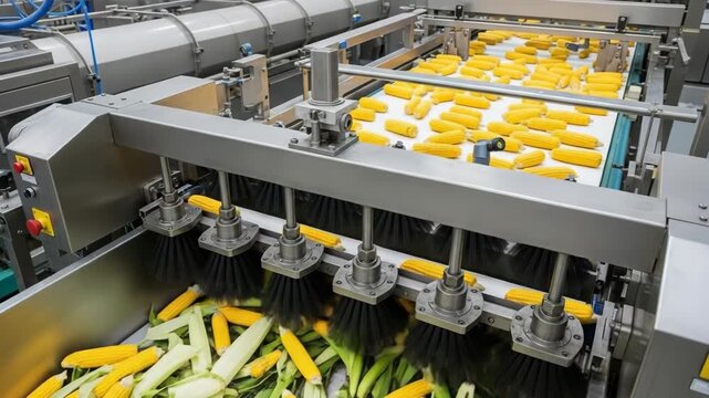 Sorting and processing of corn and vegetables takes place in a large facility using machines designed for efficiency