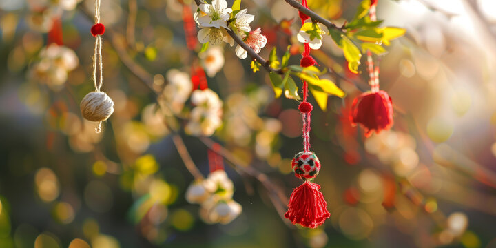 Red and white martenitsa tassels hanging on flowering branches, symbolizing the Bulgarian spring celebration on March 1st. Traditional handmade charms marking the arrival of spring