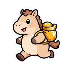 Obraz premium [Vector EPS]Cute cartoon horse carrying gold ingot running happily