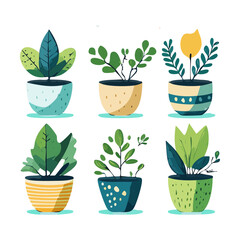 Fototapeta premium Simple green herbs and blue flowers in light blue pots for serene kitchen garden and calm atmosphere