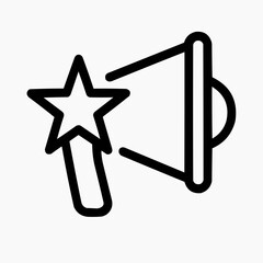 Line icon of a megaphone with a star &mdash; public recognition, black on white, square minimalist style