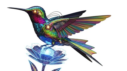 Obraz premium Iridescent metal hummingbird perched on a glowing blue flower isolated on white background