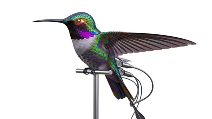 Obraz premium Close up of a vibrant hummingbird perched on a metal stand isolated on white background