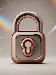 Shiny metal padlock with copper accents and rainbow light reflections on gray background