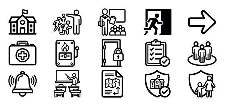 Collection of black outline vector icons for school safety and security, showing symbols for emergency evacuation, fire alarm, first aid, and lockdown procedures in a clean design