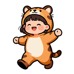 Obraz premium [Vector EPS]Cute little girl in tiger costume happily running