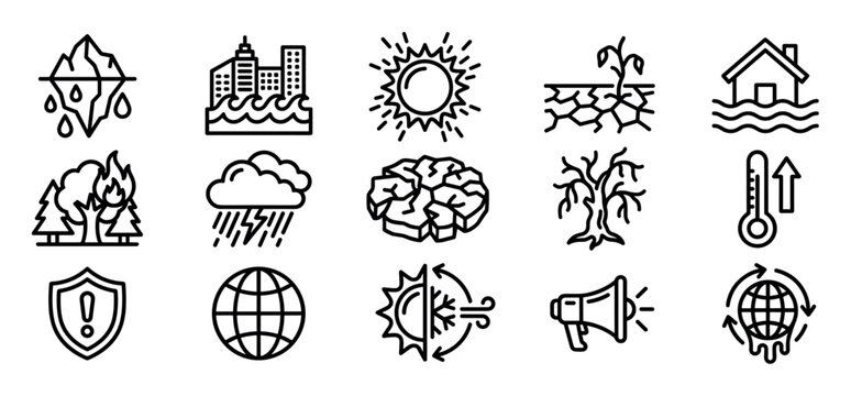 Set of black line icons representing climate change, global warming, natural disasters, and environmental issues like melting glaciers, city floods, drought, and forest fires