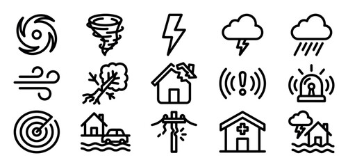 Fototapeta premium Set of natural disaster outline icons showing various weather emergencies like tornadoes, hurricanes, floods, and lightning strikes, including symbols for damage and safety alerts