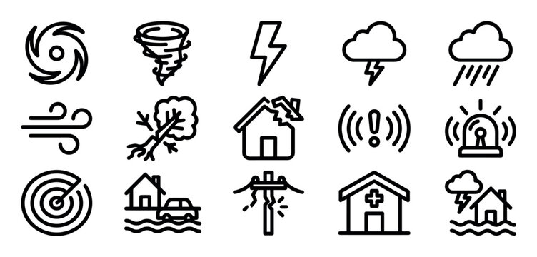 Set of natural disaster outline icons showing various weather emergencies like tornadoes, hurricanes, floods, and lightning strikes, including symbols for damage and safety alerts