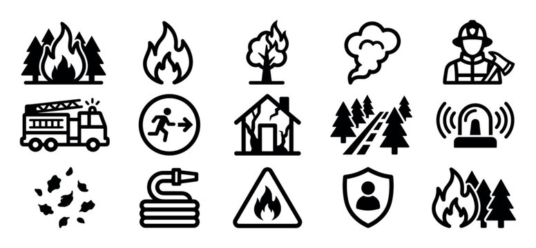 Collection of black outline style icons depicting fire safety themes including forest fires, burning buildings, emergency vehicles, firefighter gear, and evacuation symbols