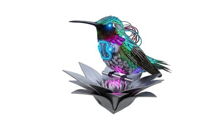 Obraz premium Colorful metal hummingbird sculpture with solar lights on a lotus flower isolated on white background