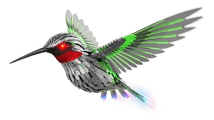 Obraz premium Mechanical hummingbird with iridescent green wings and red throat isolated on white background