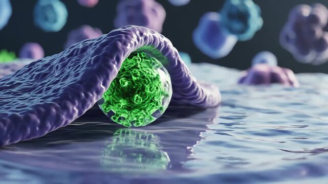Viral entry as the membrane gently folds inward, forming a vesicle around the virus particle. Soft ripples move across the cytoplasm as the vesicle transports the particle deeper