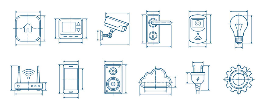 Set of smart home technology icons drawn in a technical blueprint style with dimension lines for various devices like security camera, router, and thermostat for IoT concepts