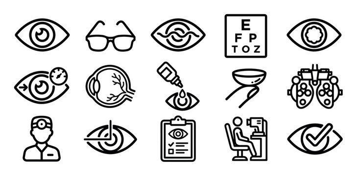 Collection of black line icons representing optometry and ophthalmology, featuring symbols for eye exams, vision correction, eyeglasses, contact lenses, and various medical procedures