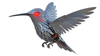 Obraz premium Detailed metal sculpture of a hummingbird in flight isolated on white background