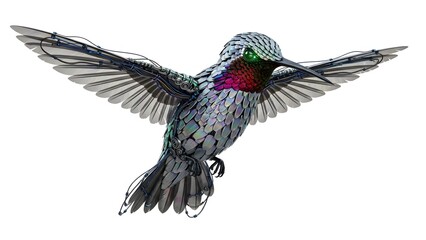 Obraz premium Close up of a colorful hummingbird in flight isolated on white background