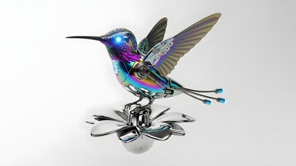 Obraz premium Iridescent metal hummingbird sculpture on a flower isolated on white background