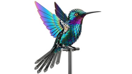 Obraz premium Decorative metal hummingbird sculpture with iridescent wings isolated on white background