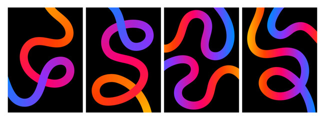 Modern abstract gradient squiggle lines set on black background, colorful fluid wavy curves, dynamic neon ribbon shapes, trendy minimal posters for branding, social media, wall art and creative design