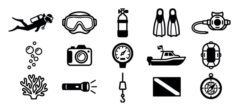 Set of black scuba diving icons showing essential equipment like a mask, tank, fins, regulator, and boat for underwater exploration and recreation