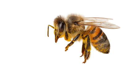 Macro close-up of a small honey bee insect with yellow and black wings isolated on a white background