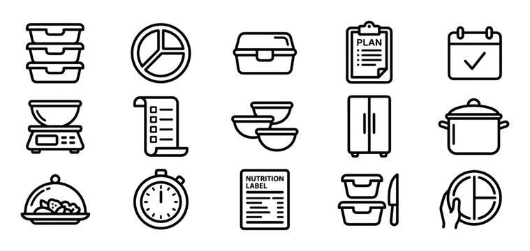 Set of black line icons for meal prep and healthy eating, featuring symbols for nutrition planning, food containers, kitchen scales, and portion control