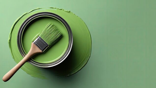 Overhead view of a paintbrush resting on a partially opened can of green paint