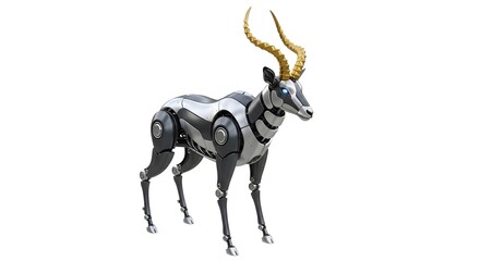 Futuristic robotic antelope with golden horns isolated on white background