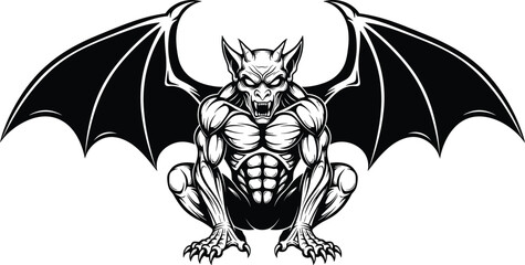 Fierce gargoyle demon creature with bat wings muscular monster gothic horror fantasy black white vector illustration design © Shaqbia