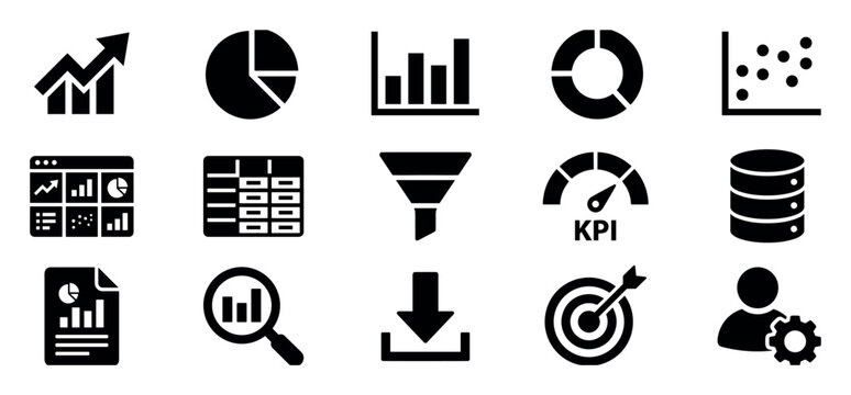 Collection of black data analysis icons representing business intelligence concepts like charts, graphs, a dashboard, KPI meter, database, and performance reporting symbols
