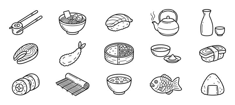 Set of Japanese food icons in a simple hand-drawn line art style, featuring traditional cuisine like sushi, ramen, tempura, onigiri, salmon, and a teapot for tea