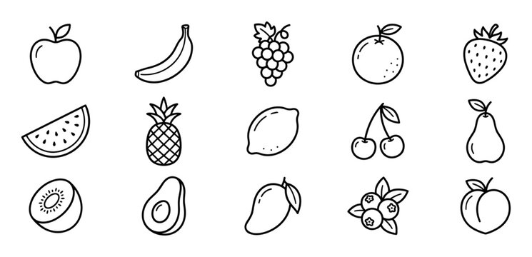 Collection of black line art fruit icons including apple, banana, strawberry, and pineapple in a minimalist doodle style for healthy eating and nutrition concepts