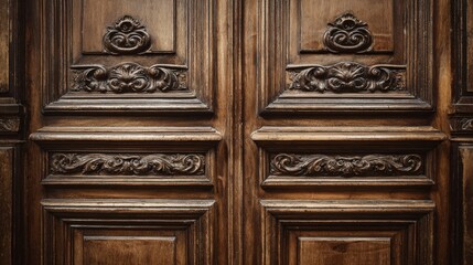 Intricate detailed carving adorns the face of a massive wooden entryway.
