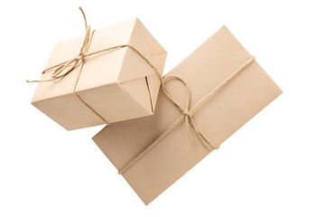 Gift boxes wrapped in brown paper and twine