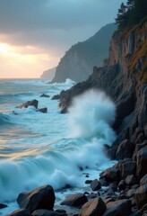 Obraz premium Dynamic Coastal Waves Crashing Against Rugged Cliffside Rocks with Dramatic Spray