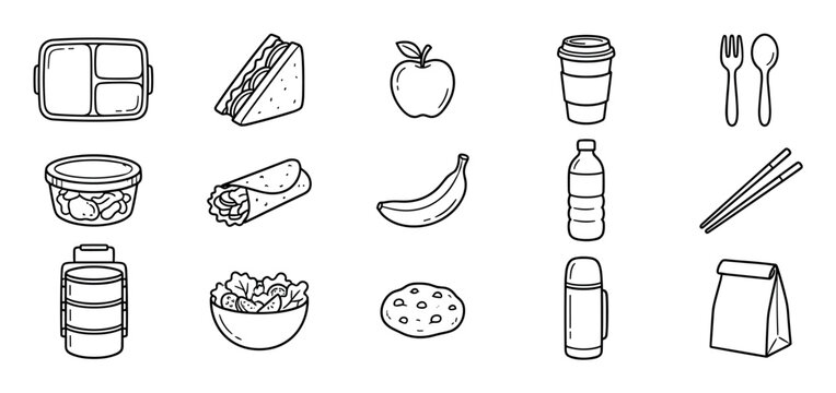 Set of black and white lunch icons featuring food, drinks, and containers like a sandwich, apple, salad, and bento box, illustrated in a simple hand-drawn doodle style