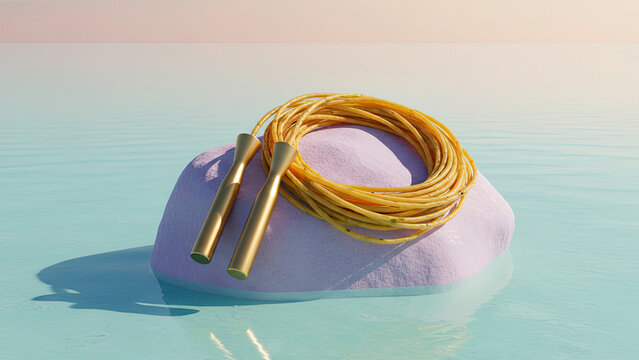 Skipping rope with gold handles coiled on lavender rock in turquoise ocean water, luxury fitness and zen workout environment