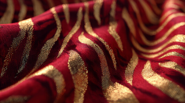 Red tiger fabric with gold metallic stripes creating dynamic waves and shimmering texture in close up detail